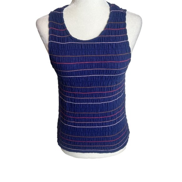 Madewell Sleeveless Tank Top Size Small Blue Rainbow Stitch Smocked Stretch NEW - Picture 1 of 3